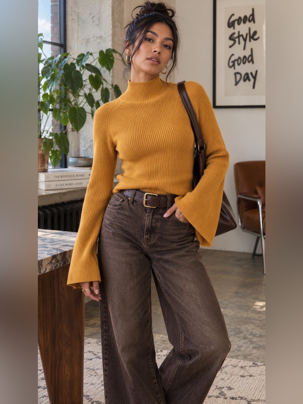 Banana Republic Mustard Ribbed Bell Sleeve Mock Neck Sweater 70s Mod Small